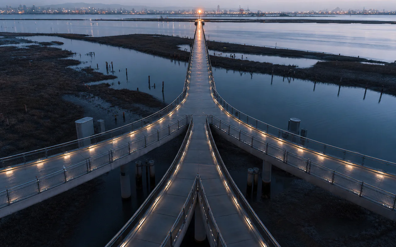 Aerial view of several illuminated pedestrian bridges converging over tidal wetlands toward a single amber beacon at blue hour.