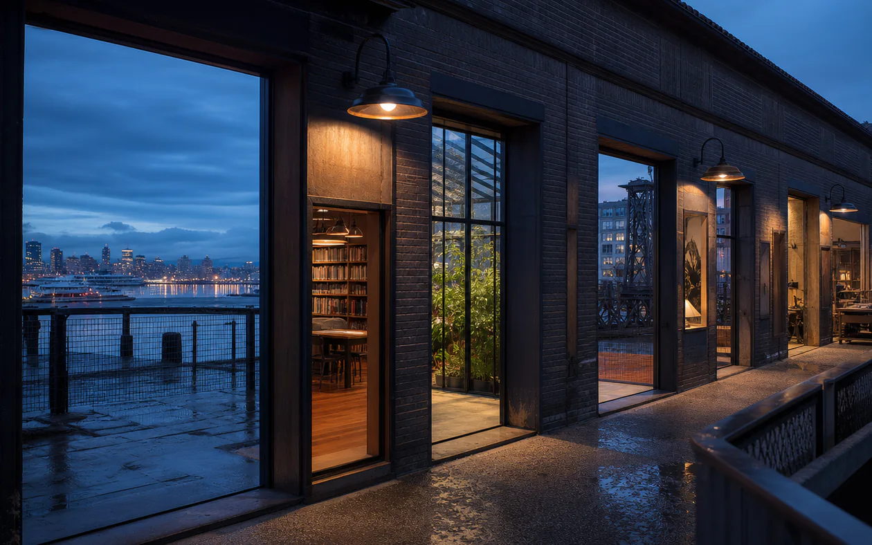 Blue-hour exterior of a brick waterfront building with several warmly lit rooms opening onto a rain-slick promenade and city harbor.