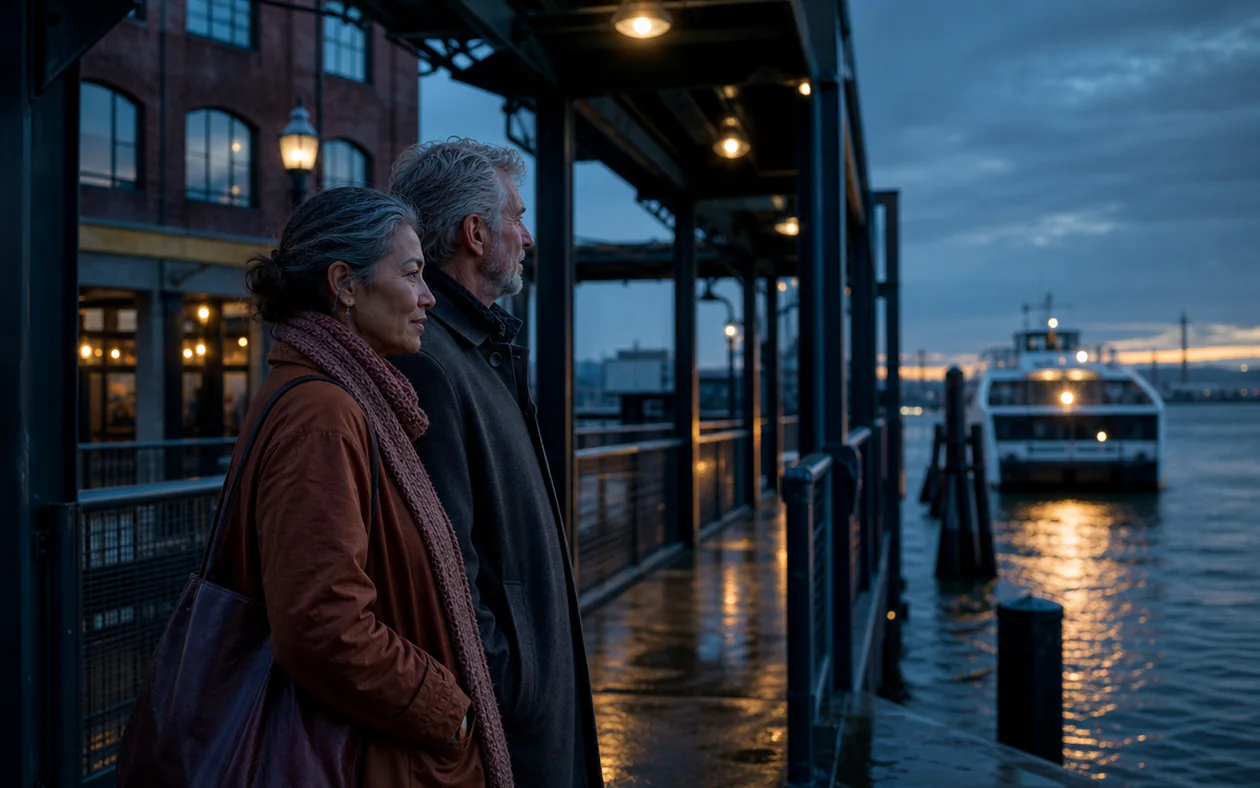 Older couple stand on a covered blue-hour ferry pier watching a lit boat arrive on the harbor.