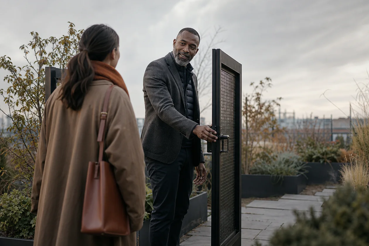 Advisor welcomes a visitor through an open gate in a rooftop winter garden overlooking the waterfront.