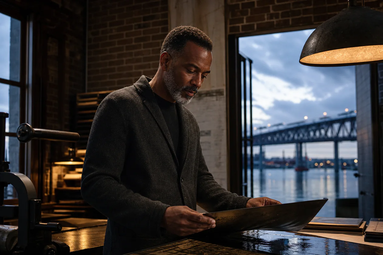 Black Harbor advisor studies a broad architectural proof in a brick waterfront print studio beside a large window at blue hour.