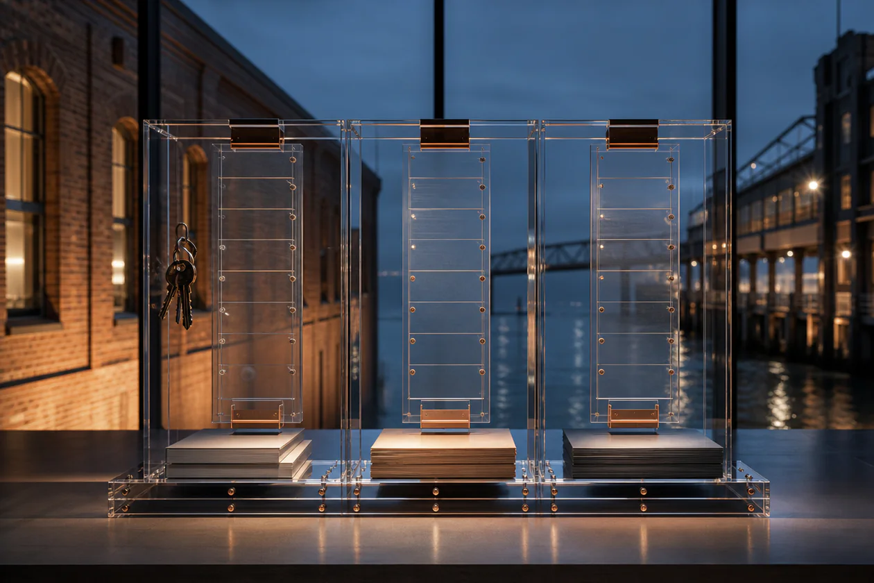 Three transparent equal-sized fee modules stand on separate bound ledgers against a blue-hour brick waterfront, with keys hanging at left.