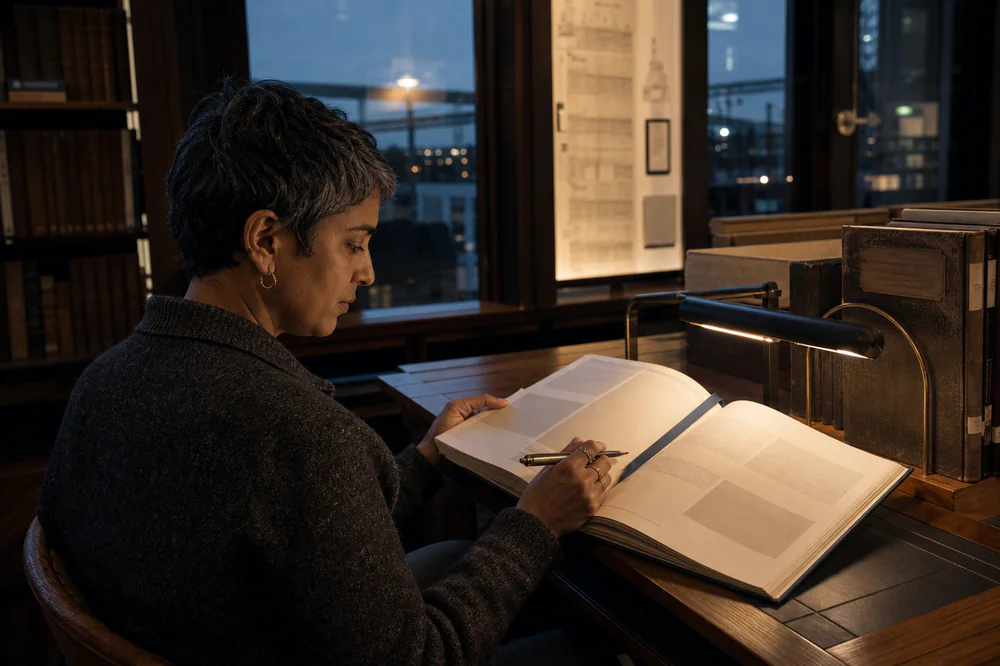 Person reads an open bound financial guide at a waterfront reading desk beside archival books and a ferry-lit window.