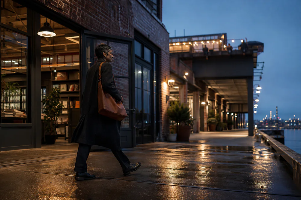 Person walks along a rain-slick brick waterfront promenade at blue hour past a lit ferry warehouse and bay lights.