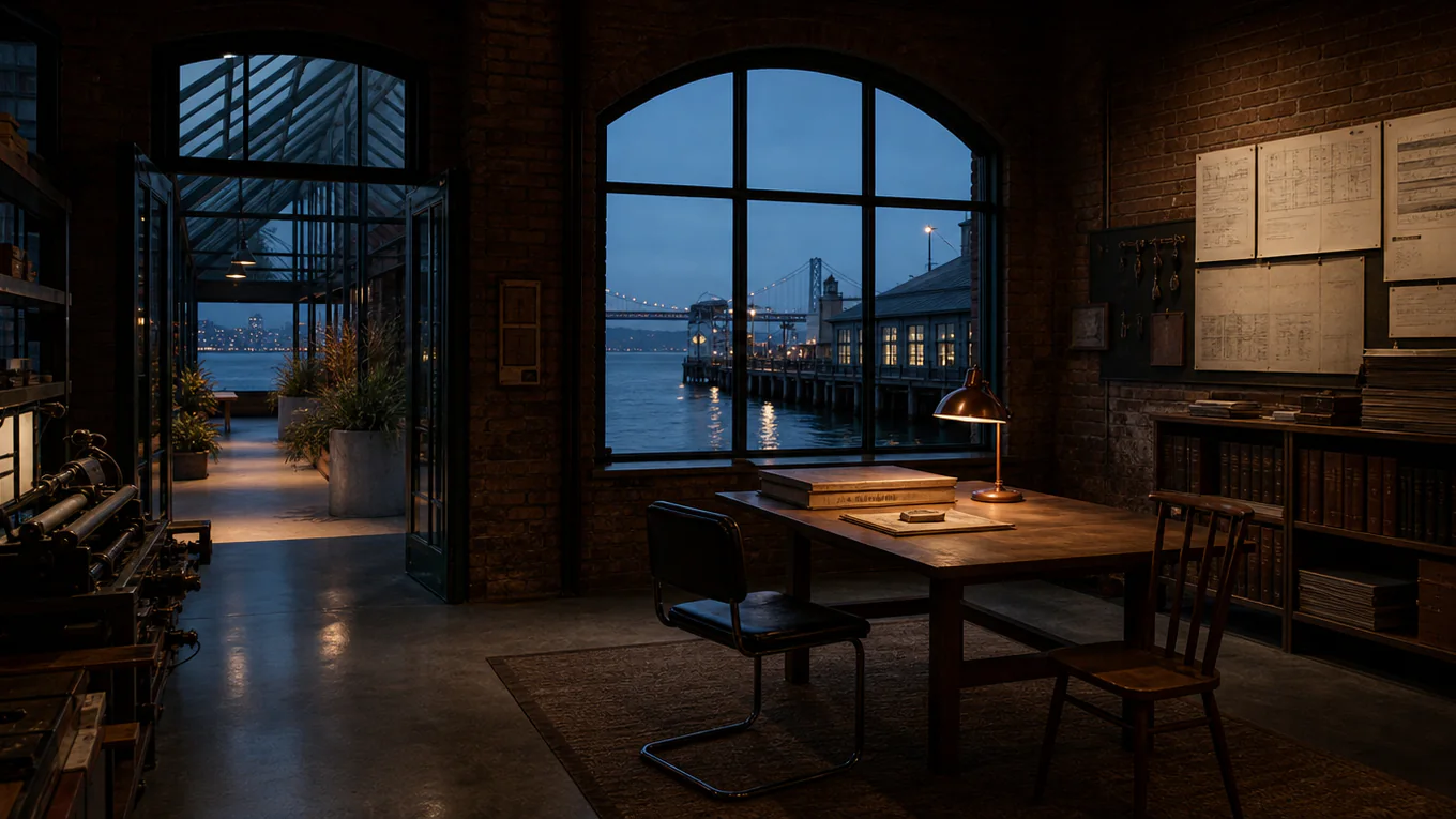 Empty brick waterfront reading room at blue hour with two chairs, stacked publications, a copper task lamp, and ferry buildings reflected beyond tall windows.