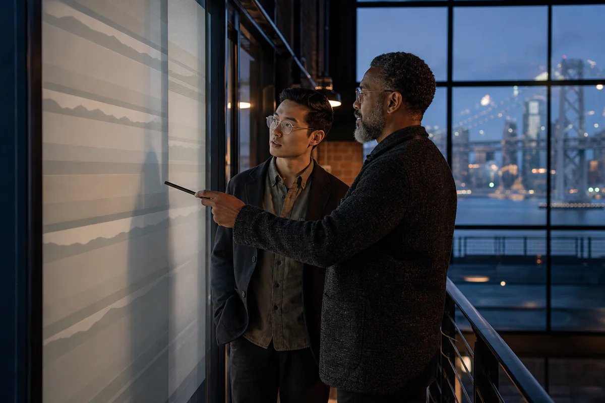 Harbor advisor and analyst compare abstract risk bands on a frosted wall in a blue-hour waterfront gallery.