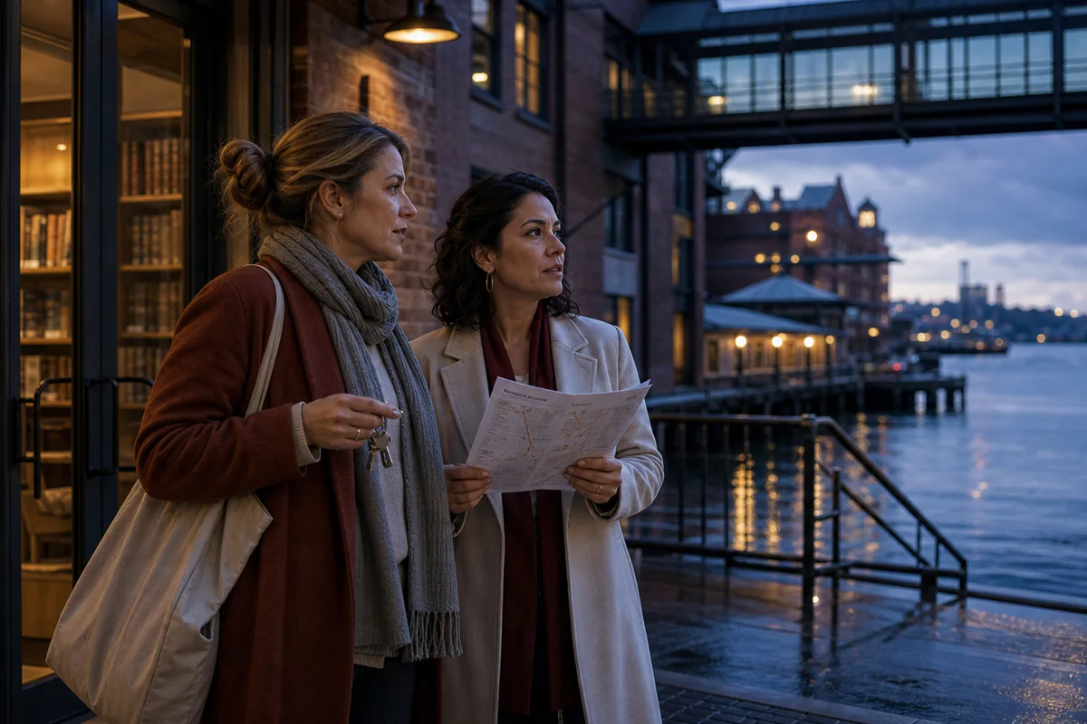 Two women stand on a blue-hour waterfront landing outside a brick reading space, consulting a folded map beside ferry lights.