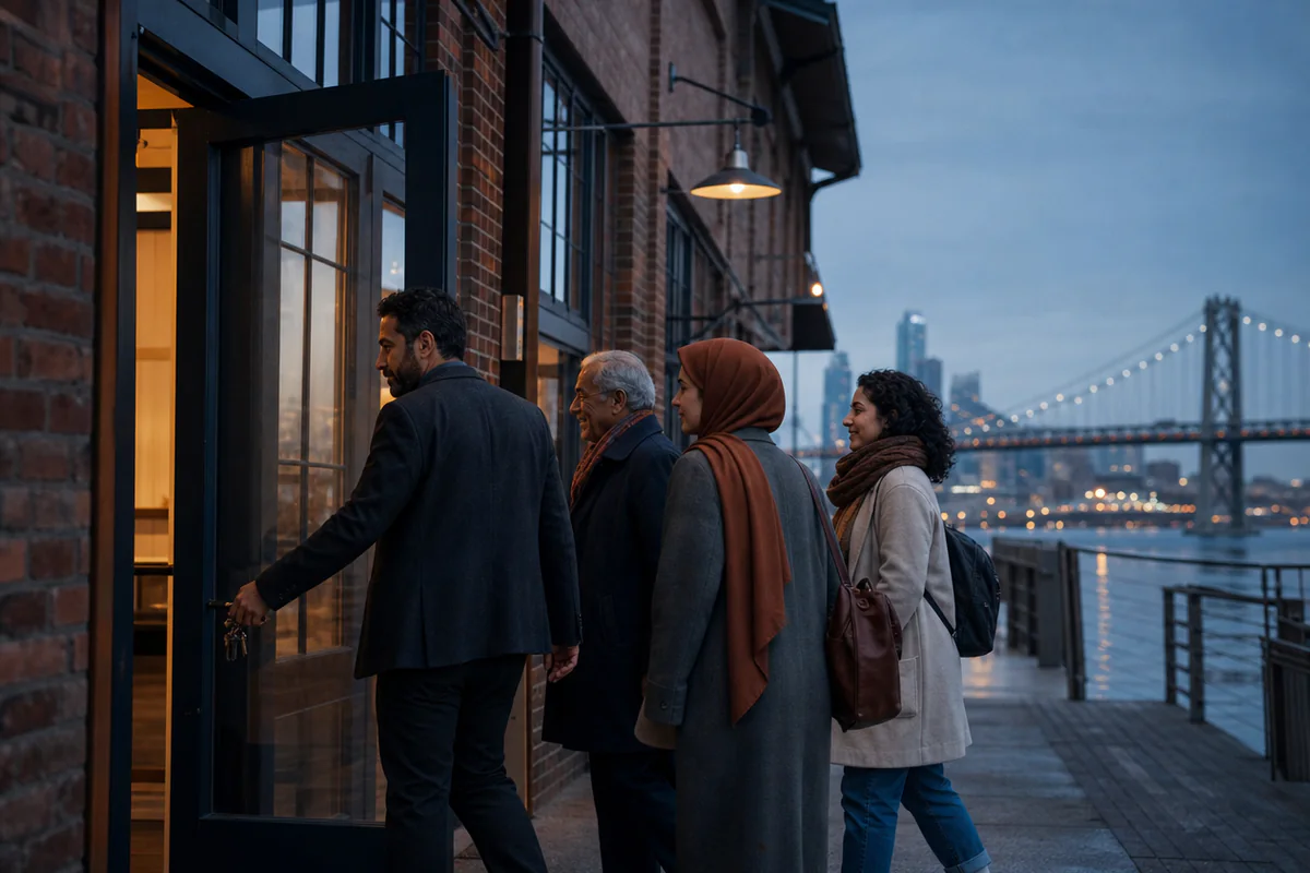Four adults enter a warm brick waterfront community space together at blue hour, with a bridge and harbor lights behind them.