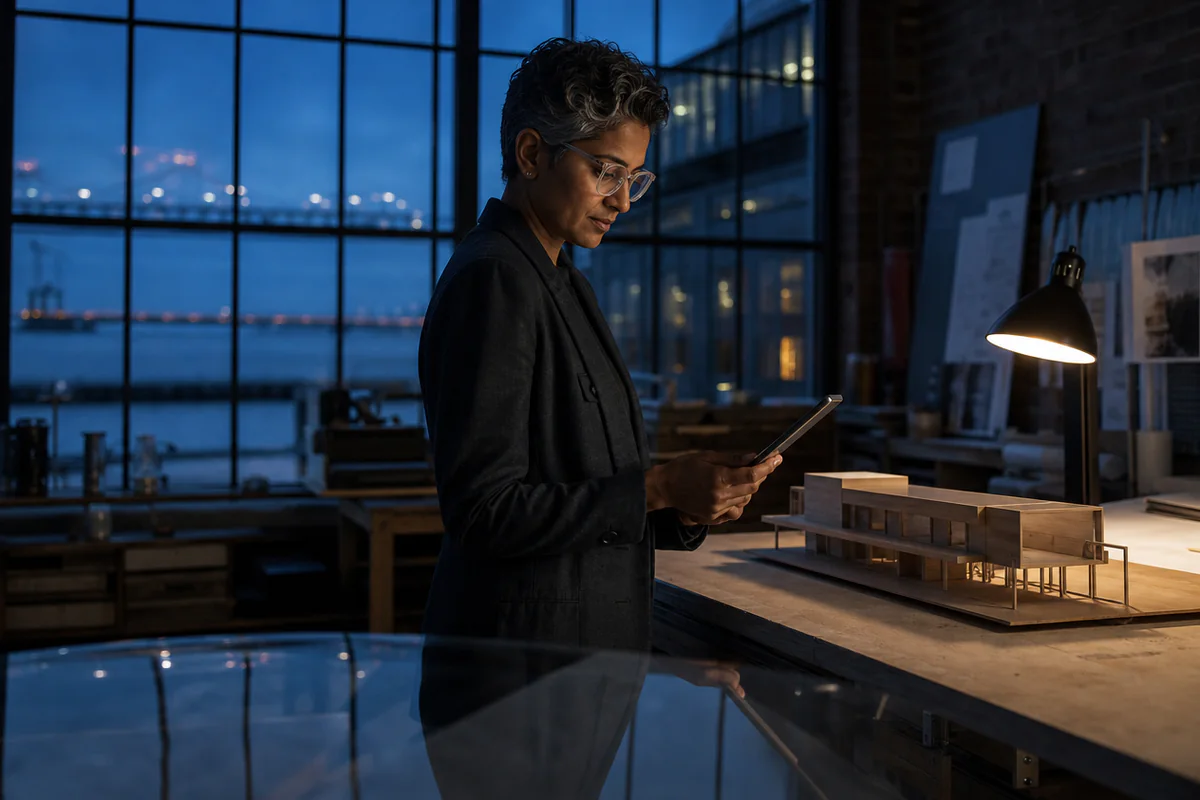 A South Asian architect reviews an unreadable device beside a scale model in a blue-hour waterfront studio