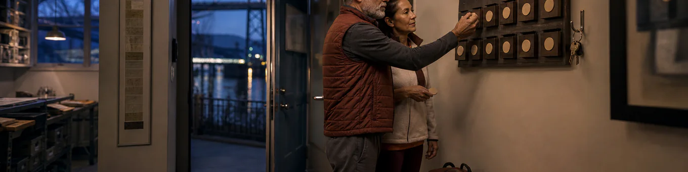 Older white man and Latina woman place identical monthly tokens into a twelve-compartment wall organizer in a blue-hour waterfront entryway, with keys hanging beside it.