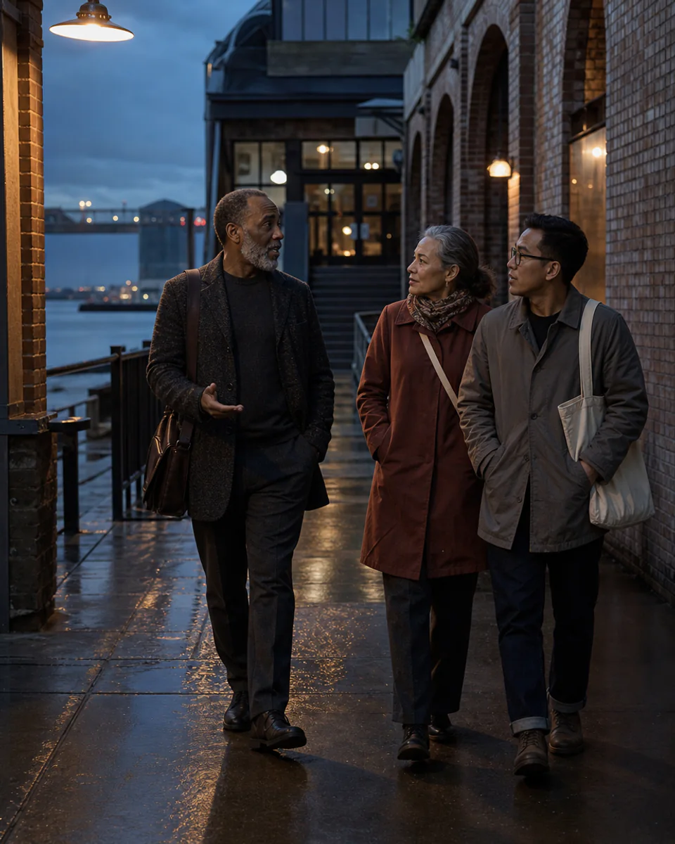Three Harbor community members walk together along a rain-slick waterfront promenade at blue hour, framed by brick arches and ferry lights.